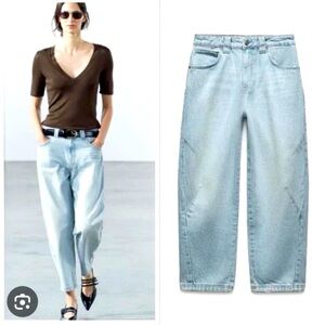 Zara light blue cropped barrel jean